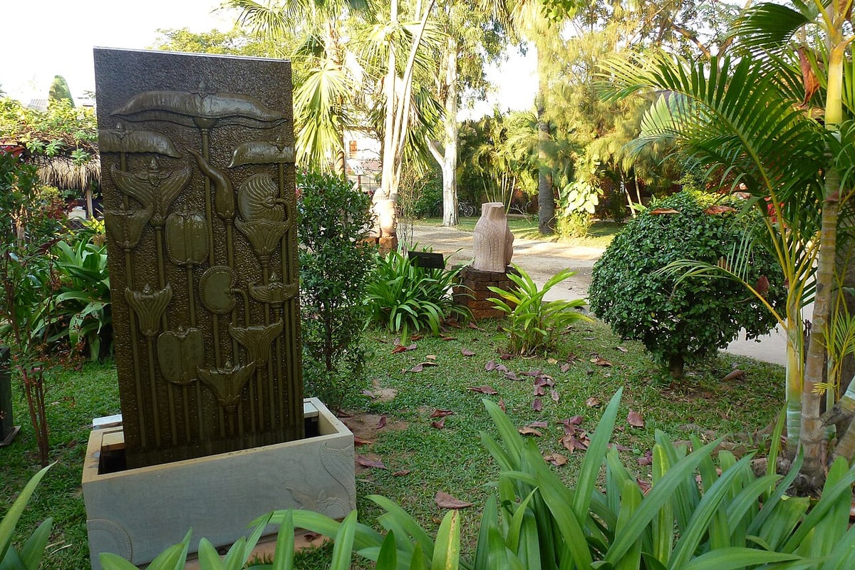 Carved stone artwork in the garden of Artisans Angkor on Stung Thmey Street